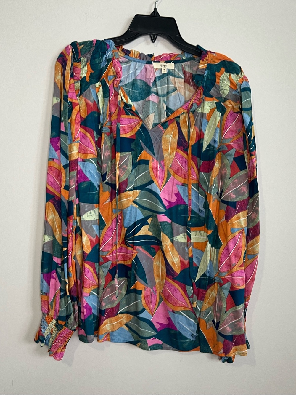 easel Multicolor Leaf-Print V-Neck Blouse in Teal, Pink & Orange